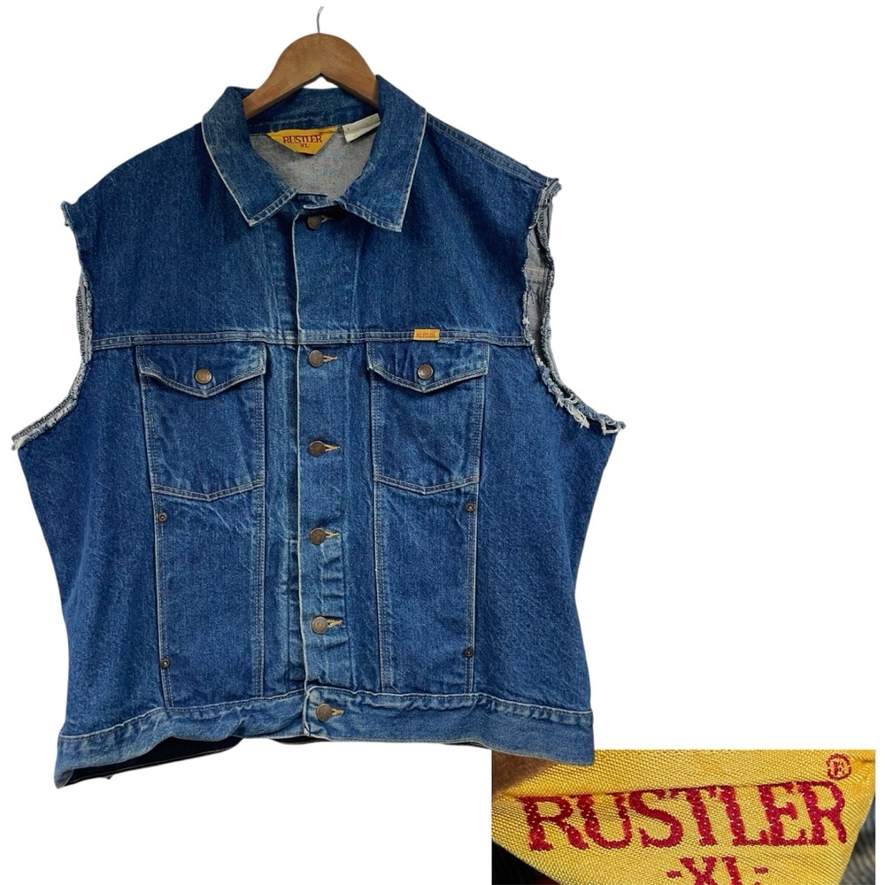 VTG Americana Denim Vest Rustler Rock N Roll Punk Western XL Blue Jean Edgy Rock